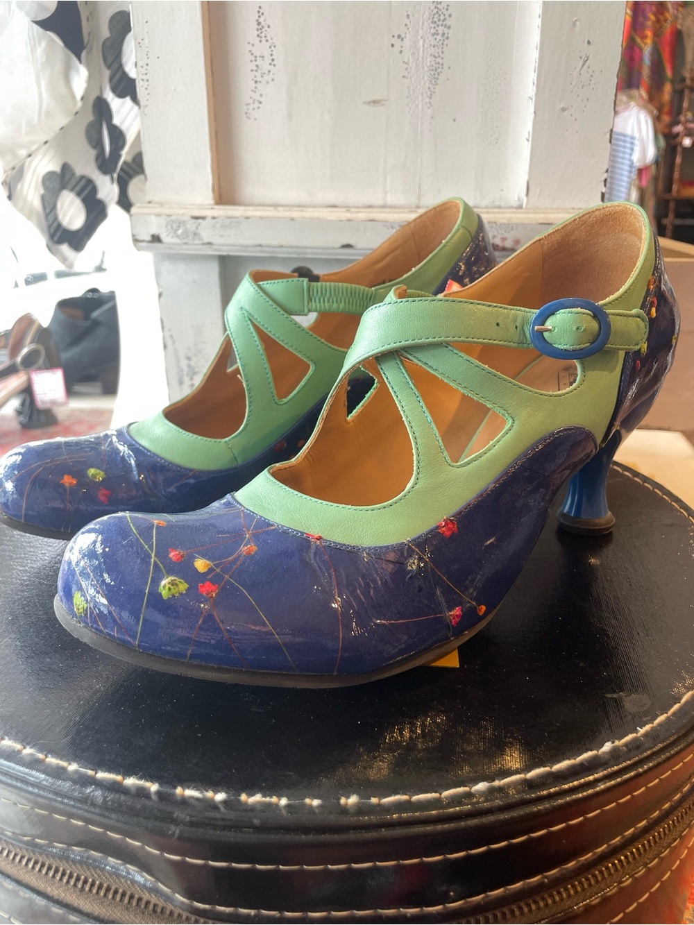 John Fluevog “Pearl Hart” blue & teal heeled Mary Janes